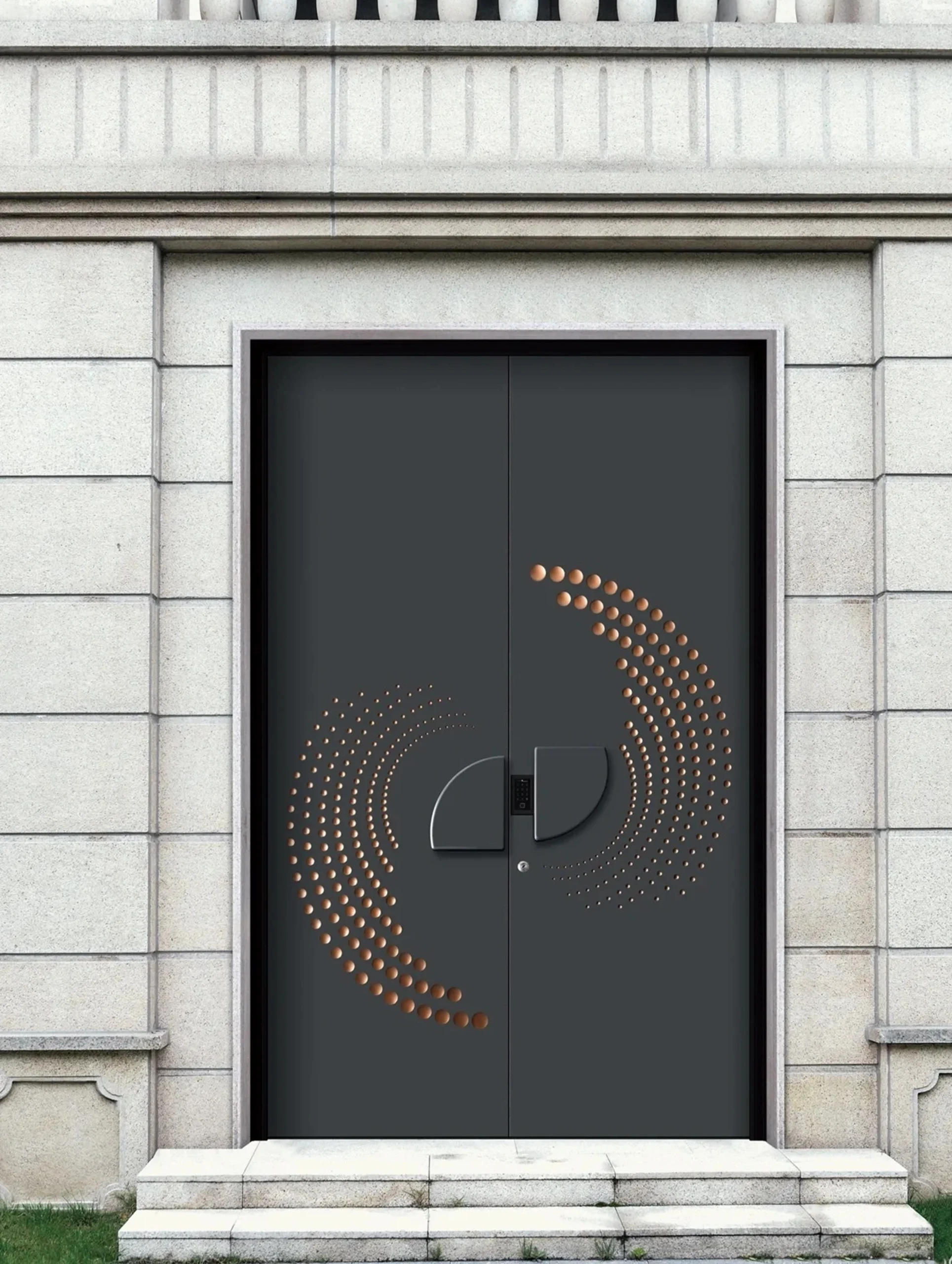 Home Modern dark grey aluminum double entry doors featuring a decorative gold laser-cut dotted swirl pattern and unique circular handles.