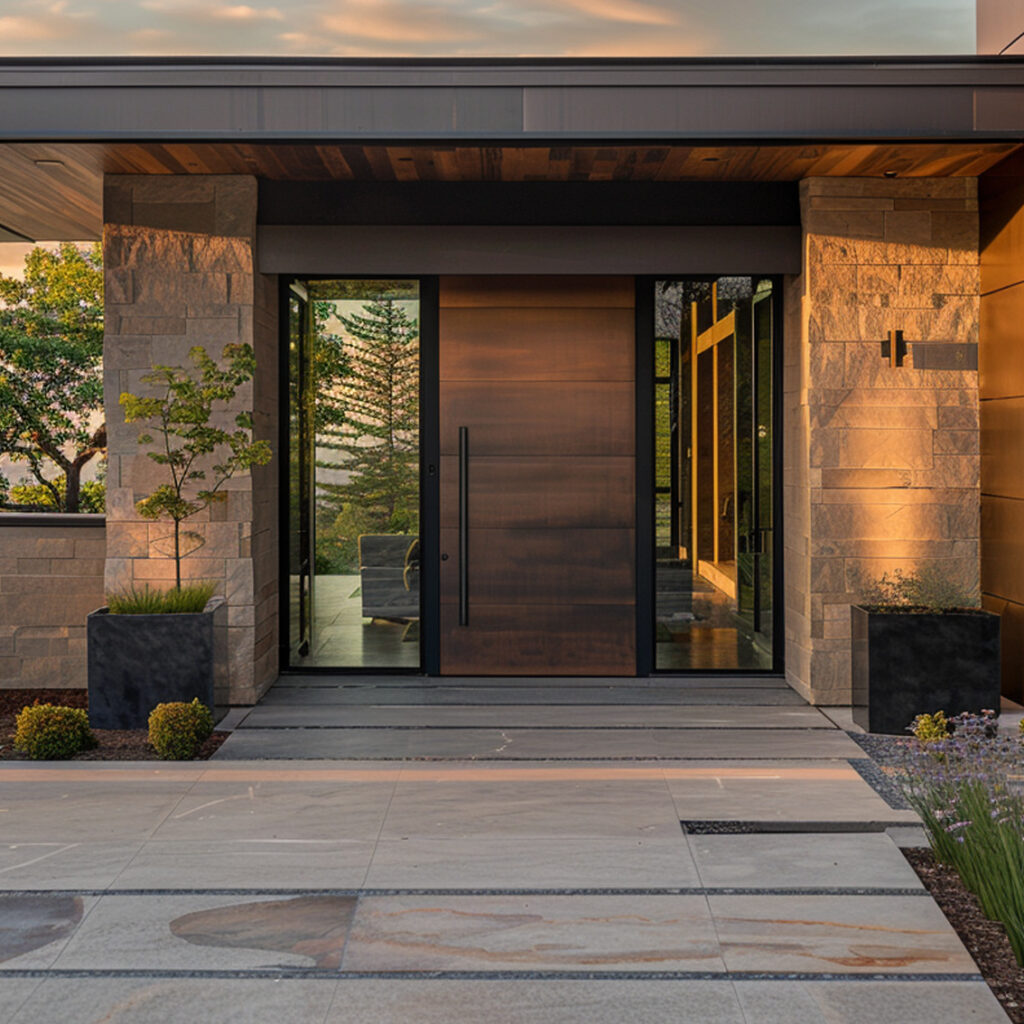 Wide pivot front door with glass sidelights for grand modern entrance.