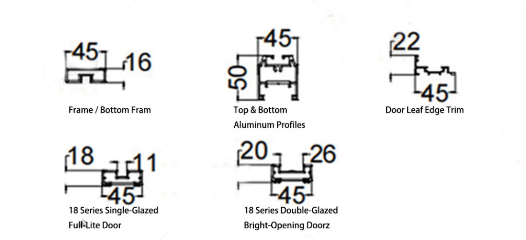 Technical drawing of 18mm ultra-slim aluminum profiles for minimalist glass doors.