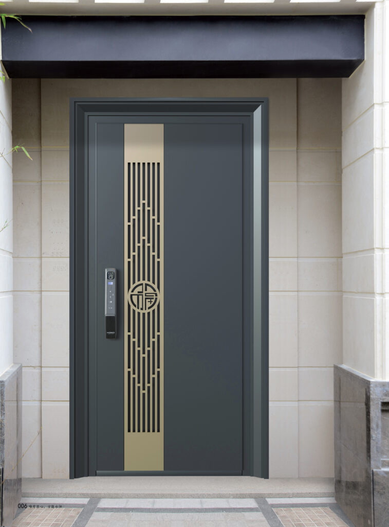 An oversized modern pivot entry door made from dark solid wood, featuring a recessed long vertical handle for a minimalist aesthetic. Custom manufactured for luxury homes.