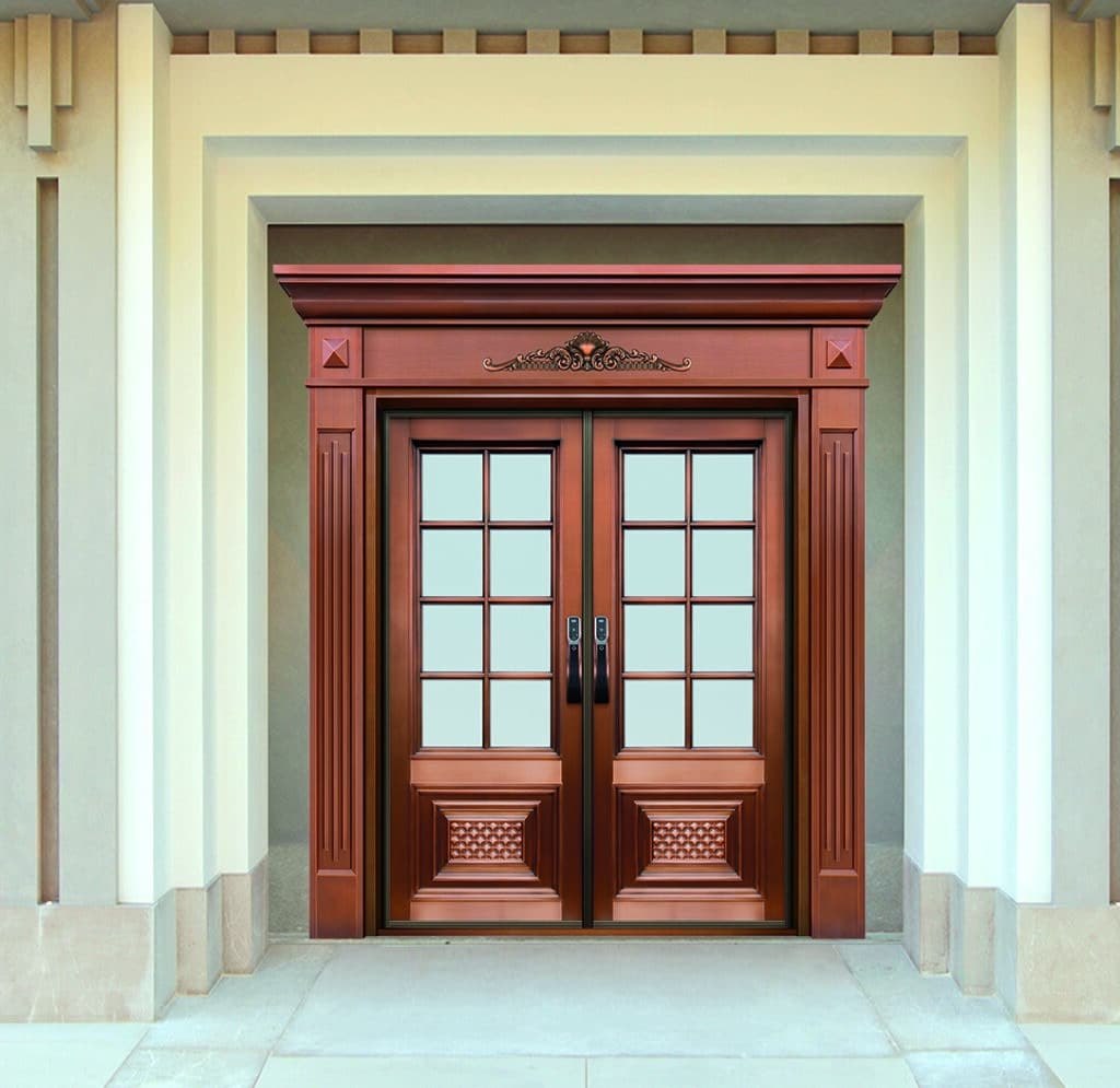 Oversized modern entry door featuring a slim copper frame with large clear tempered glass and pivot hinge.