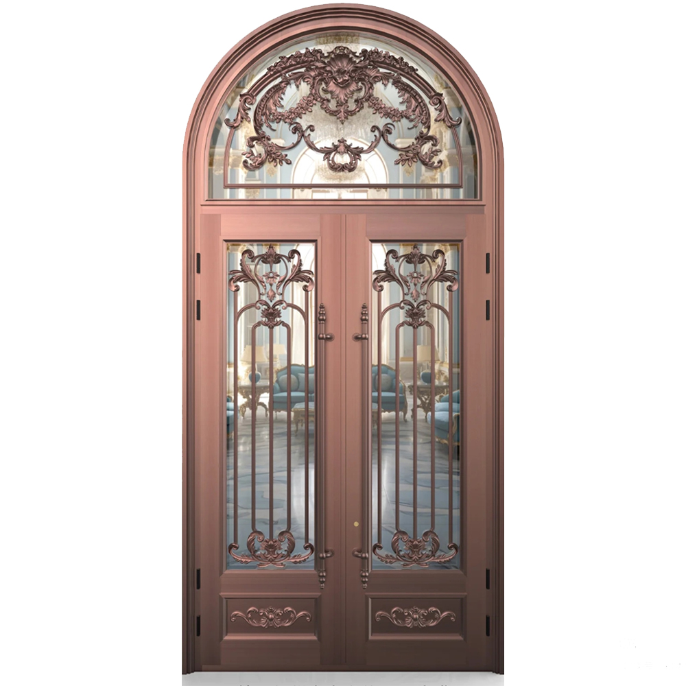 Luxury modern copper pivot door with a vertical glass insert and designer copper handle.