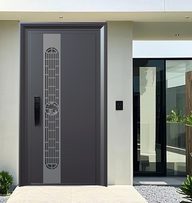 Luxury Aluminum Folding Doors Architectural Trends in Miami, FL Geometric landscape carved aluminum door, a perfect entrance partner for homes with floor-to-ceiling slim sliding glass doors.