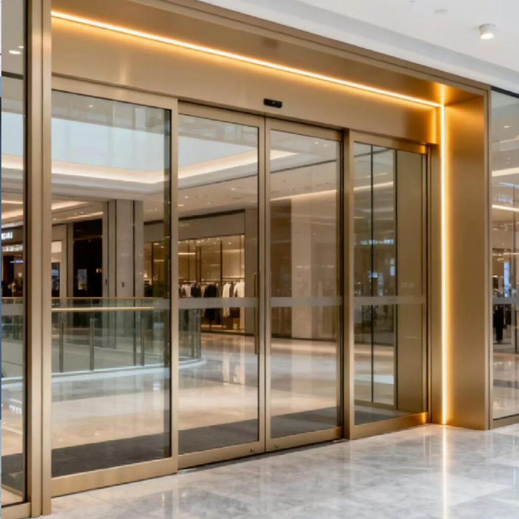 Gold frame automatic sliding glass door entrance for a luxury shopping mall or retail store.