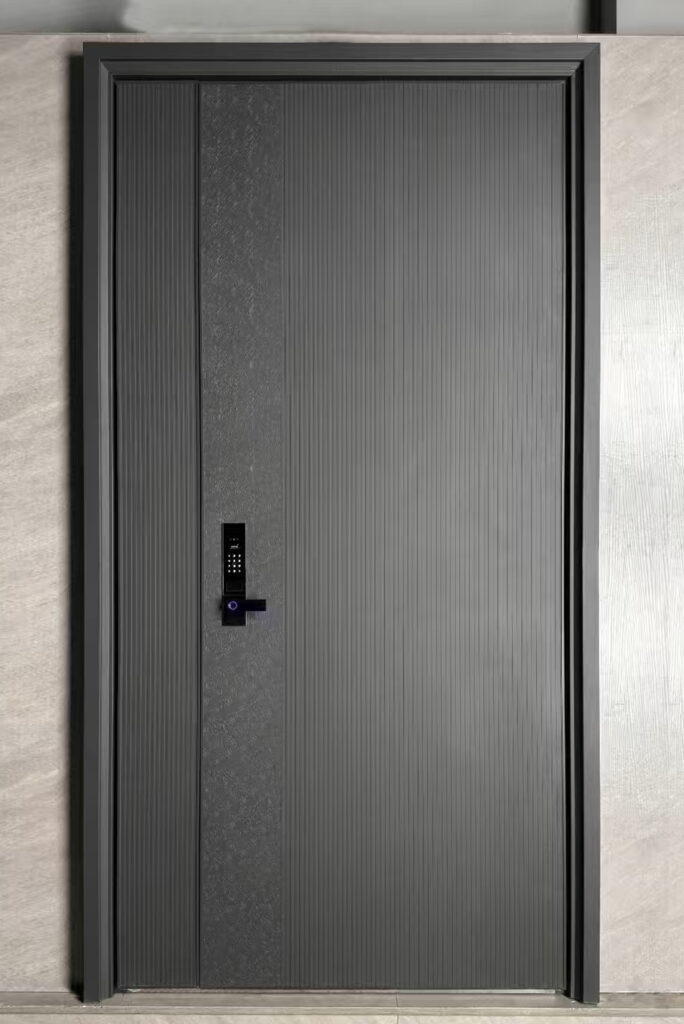 Modern Pivot Doors Architectural Trends in Miami, FL Oversized vertical wood grain pivot door with a long black handle and floor-to-ceiling glass sidelight.