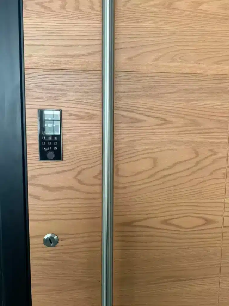 Custom solid wood interior door with decorative glass panels and brass hardware installed in a residential doorway