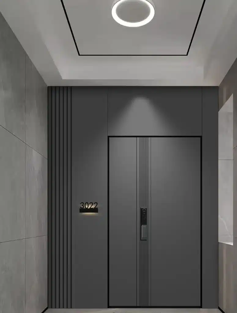 Kingston Doors premium interior door display in modern showroom setting featuring flush, panel, and glass door designs with various finishes