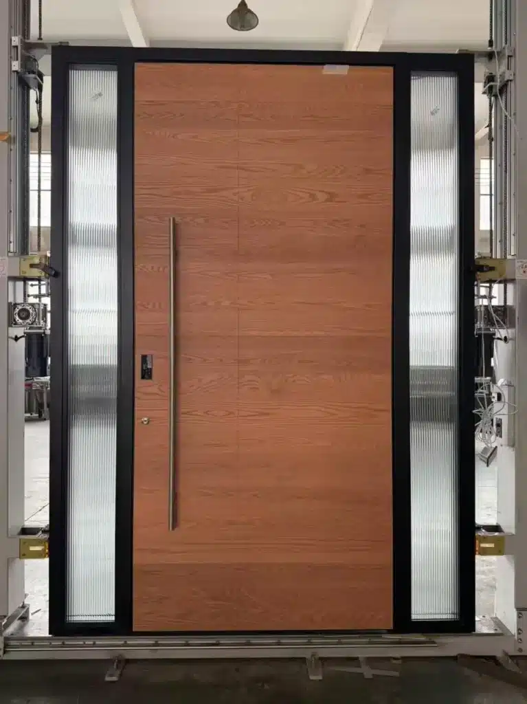 A modern pivot door with a minimalist design, featuring a large glass panel framed in dark metal, set in a concrete wall.
