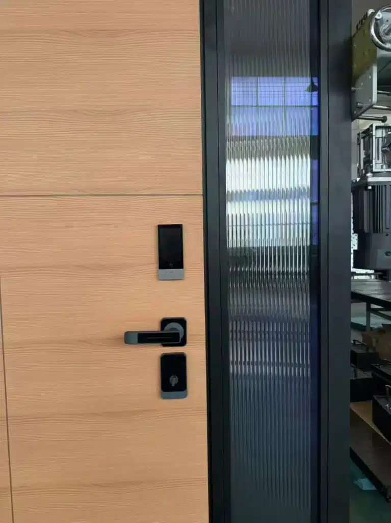 A solid core mahogany wood interior door featuring a traditional 6-panel design with decorative French-style glass inserts and bronze lever handle hardware